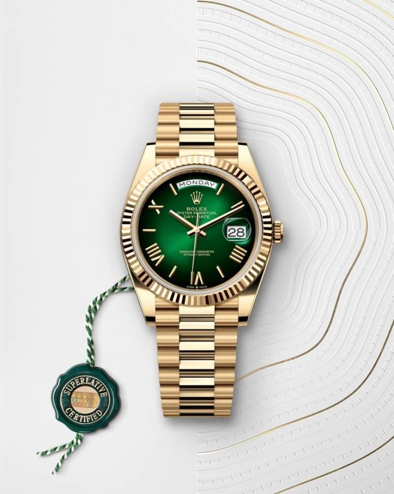 Rolee_x Oyster Perpetual Day Date 40 Battery Gold Green